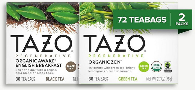 Tazo 티백 번들 - 젠 녹차 & 어웨이크 잉글리시 브렉퍼스트 홍차 각 티백 36개(총 72개) 대담하고 부드러운 맛 프리미엄 블랙 & 그린티 셀렉션., Tazo 티백 번들 - 유기농 젠 녹차 & 어웨이크 잉, 1개, 36개