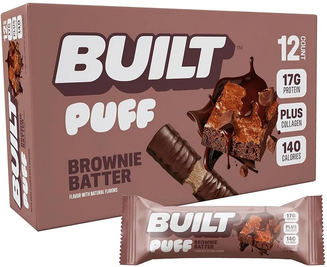 Built Bar 에너지바 빌트 바 퍼프 프로틴 다양성 팩 콜라겐 이동 중 간식 아침 식사 혼합 샘플러 12개입, Brownie Batter Puff, 12개 (1팩) - 쿠팡