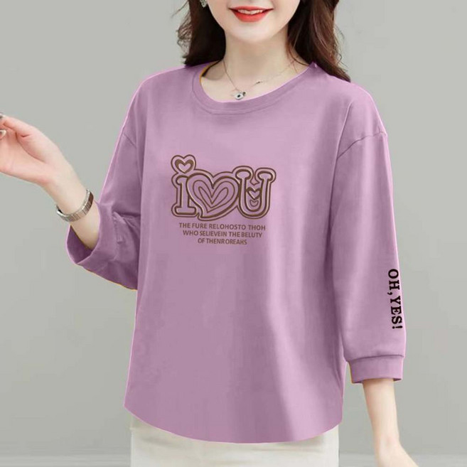 TKX 여성 면 라운드넥 긴팔 티셔츠 캐주얼 프린트 봄 가을 패션 7부소매 오버핏 KN53