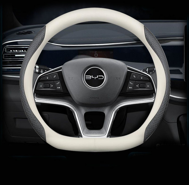 비야디 BYD 전차종 호환 프리미엄 나파 가죽 카본 핸들커버, D컷(BYD-02), 베이지 엠보