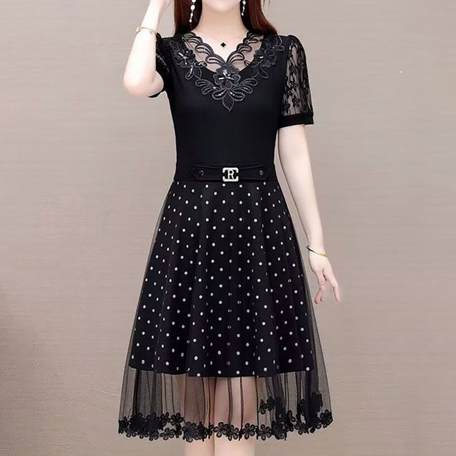 ROYALBELLE 여성 레이스 망사 A라인 미디 기장 원피스 도트 패턴 데일리 반팔 원피스 F0040219