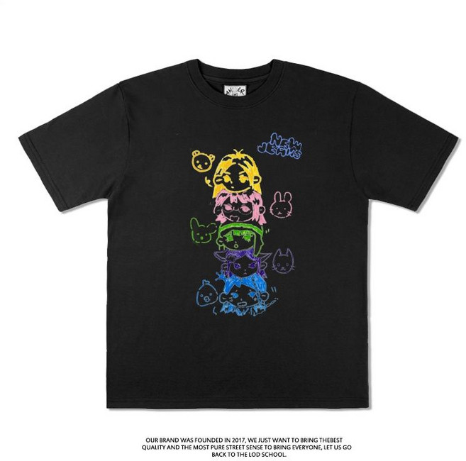 NewJeans 手繪周邊應援 寬鬆純棉圓領短袖T恤, 1個, 黑色2XL