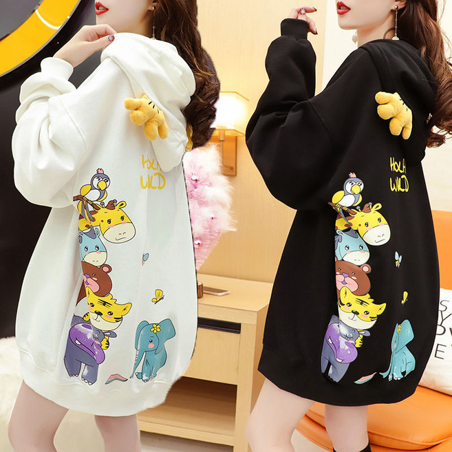 YLEMI 여성 봄가을 긴 소매 후드 프린트 맨투맨티