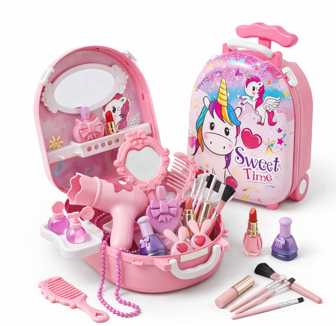 어린이 공주 화장놀이세트 메이크업 캐리어 환상 화장대 장난감, 핑크, 1개