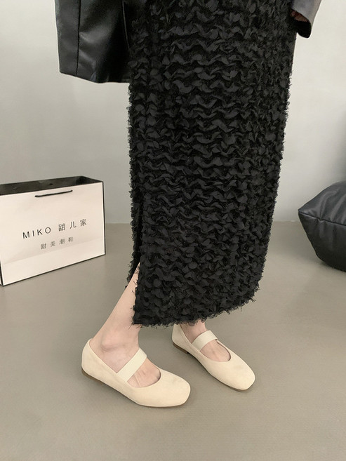 瑪莉珍鞋 娃娃鞋 小方頭 軟皮淺口奶奶鞋 平底單鞋 復古風 搭配裙子 芭蕾舞鞋, 米白色,38