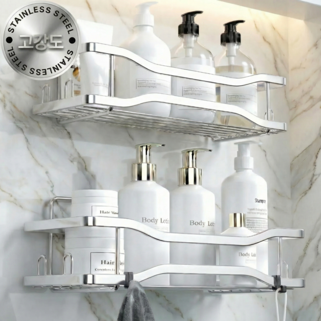 더트롱 고강도 스테인레스 무타공 욕실선반, 2개, 실버