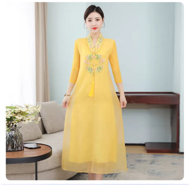 黃色刺繡洋裝 附流蘇, 唐裝女裝高級中國風改良旗袍真絲洋裝夏高貴洋氣減齡優雅媽媽裝黃色L, 1個, 1L
