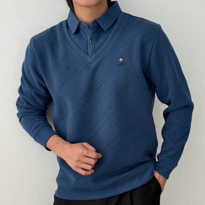 코엑티 겨울 남성 카라 페이크 투피스 기모 벨벳 스웨터