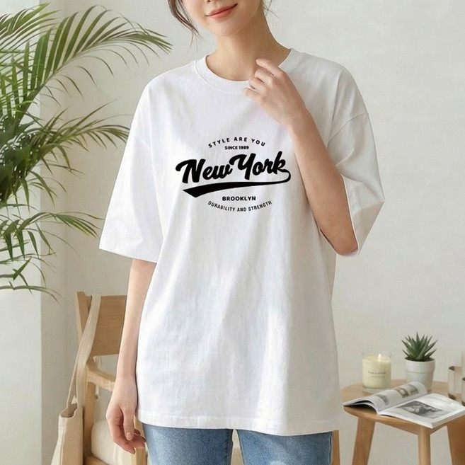 스타일아유 여성 면100% 여름용 오버핏 반팔 티셔츠 순면 빅사이즈 원작 Newyork 레터링 루즈핏 반팔티 롱티 자체제작