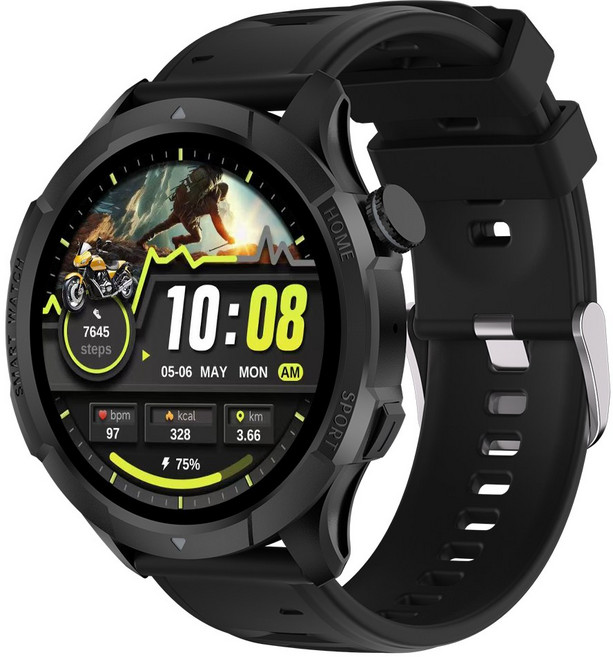 Wapik 블루투스 통화 스마트워치 ST10 1.43인치 아몰레드 고화질 SOS통화 AI운동인식, GPS + 블루투스, 3.6cm, 블랙