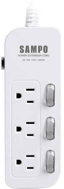 聲寶 三開三插電源延長線 EL-W33R6 獨立開關 安全過載保護, 1.8m, 白, 1個
