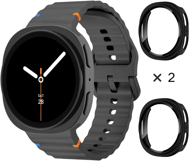 데일리피 갤럭시워치 호환 실리콘 컬러풀한 스티치 스트랩 8/7/6/6클래식/5/5프로/4/4클래식+PC 케이스 2개, 다크 그레이/블랙