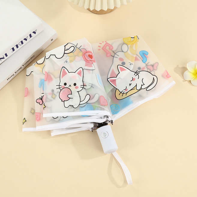 귀여운고양이 반투명 우산 캐릭터 예쁜우산 학생우산 3단우산 자동/수동 우산(카툰 고양이 디자인 학생 선물로 적합)