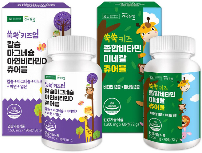 [건국유업] 쑥쑥 키즈 칼슘마그네슘아연비타민D 츄어블 120정+종합비타민미네랄 츄어블 60정, 252g, 60회분, 1세트