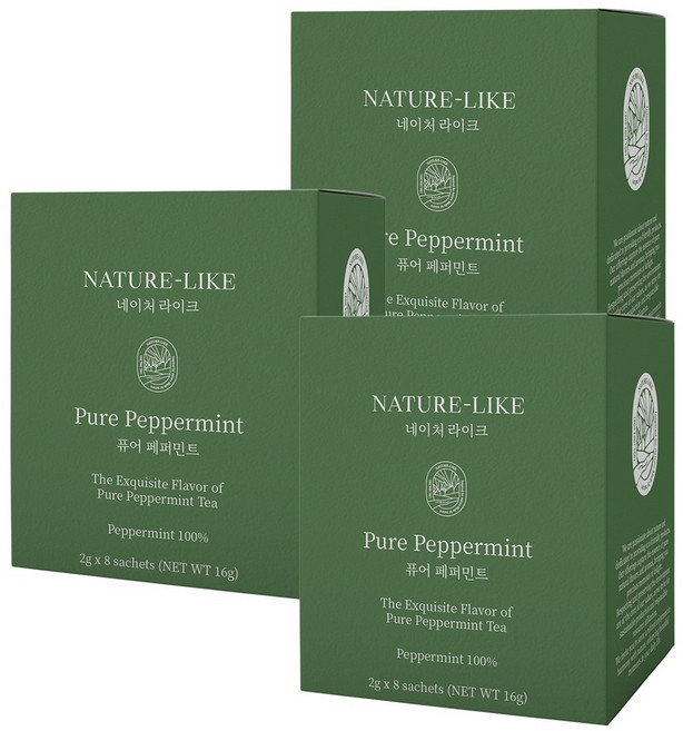 네이처라이크 퓨어페퍼민트 _유기농 순면 티백 잎차 미세플라스틱NO 항산화 민트차 노화예방 스트레스 긴장완화 프리미엄 퓨어 페퍼민트티 민트 허브티, 3개, 8개입, 2g