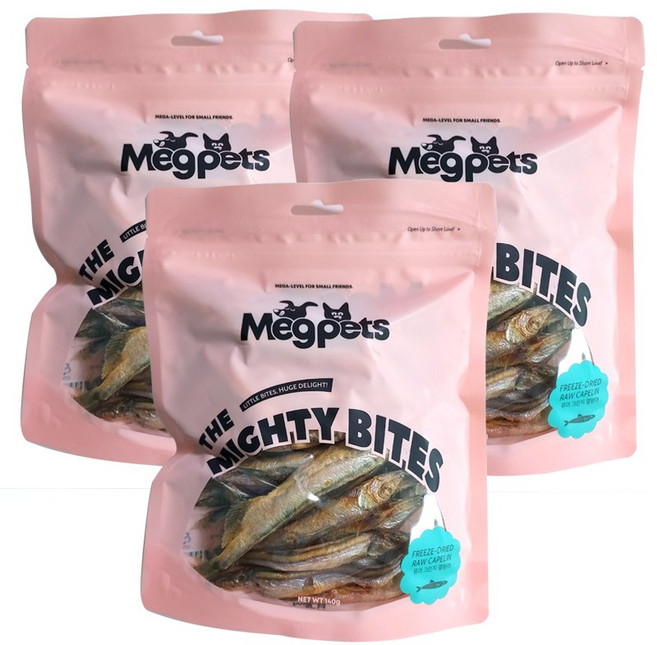 메그펫츠 강아지 고양이 동결건조 간식 마이티 바이츠 퓨어 크런치, 열빙어, 140g, 3개