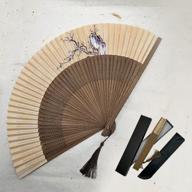 포미모어 휴대용 접이식부채 대나무 소형 고급 선물부채+부채집과 케이스, 1개, 단아한 매화