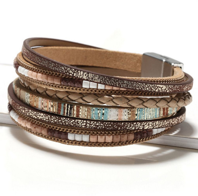 ROYALBELLE 여성 보헤미안 스타일 다층 가죽 팔찌 자석 클로저 빈티지 패션 팔찌 E0030709