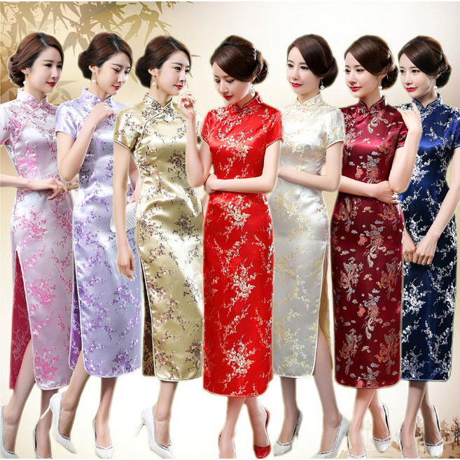 중국치파오 긴 매화 용봉그림 롱 치파오 중국전통의상 여성 원피스 코스프레 다문화체험 국내배송