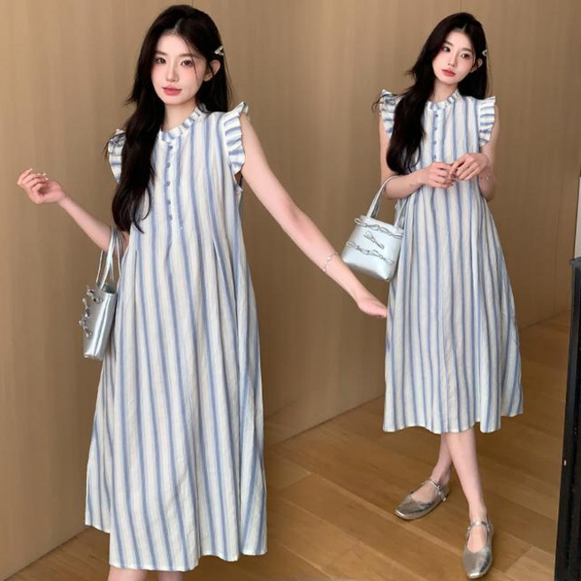 임산부 미디 원피스 캐주얼 스타일 스트라이프 패턴 소매 없는 디자인 JS