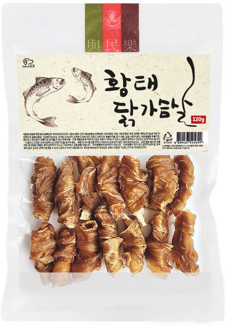 네츄럴이엑스 황태 닭가슴살 수제 육포 국내산 오래먹는 강아지 간식, 120g, 1개, 혼합맛(황태/닭가슴살)