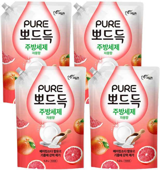 피죤 주방세제 퓨어 뽀드득 자몽향 -H.C, 4개, 1.2L