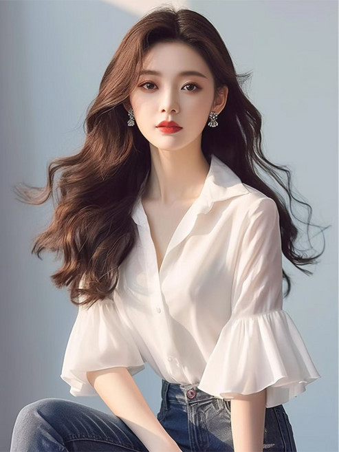 프랑스 고급스러운 느낌의 독특하고 아름다운 상의 소규모 디자인 매우 멋진 흰색 러플 소매 셔츠 여성 여름