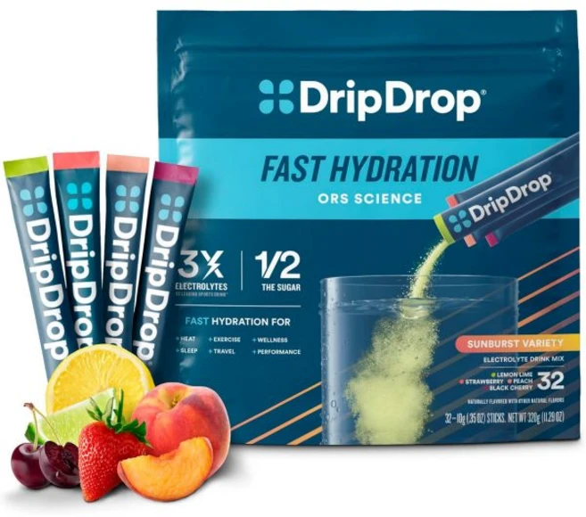 스포츠 운동 음료 믹스 파우더 DripDrop 드립드롭 수분 공급 패킷 대담한 다양성 팩 전해질 수박 베리 레몬 오렌지 비변형 글루텐 프리 비건 32개입 스틱 1세트, 선버스트 다양성 팩 - 쿠팡