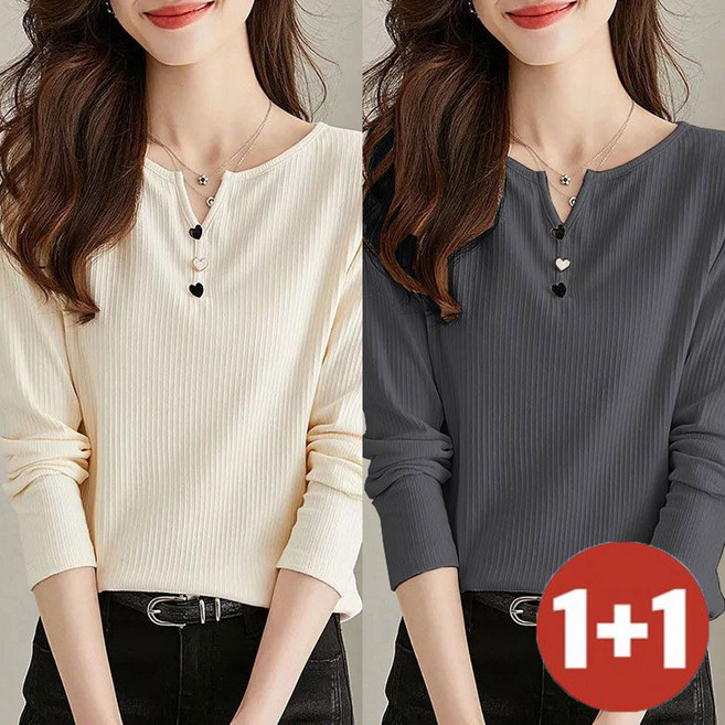 TKX 1+1 여성 가을 간절기 긴팔 티셔츠 단추 장식 브이넥 슬림핏 캐주얼 상의 K37