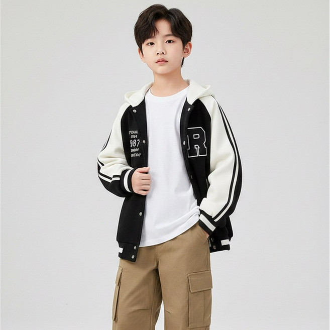 지디오 주니어 야구 점퍼 후드 집업 자켓 루즈핏 배색 레터링 자수 포켓 봄 간절기 아우터 과잠 야구잠바