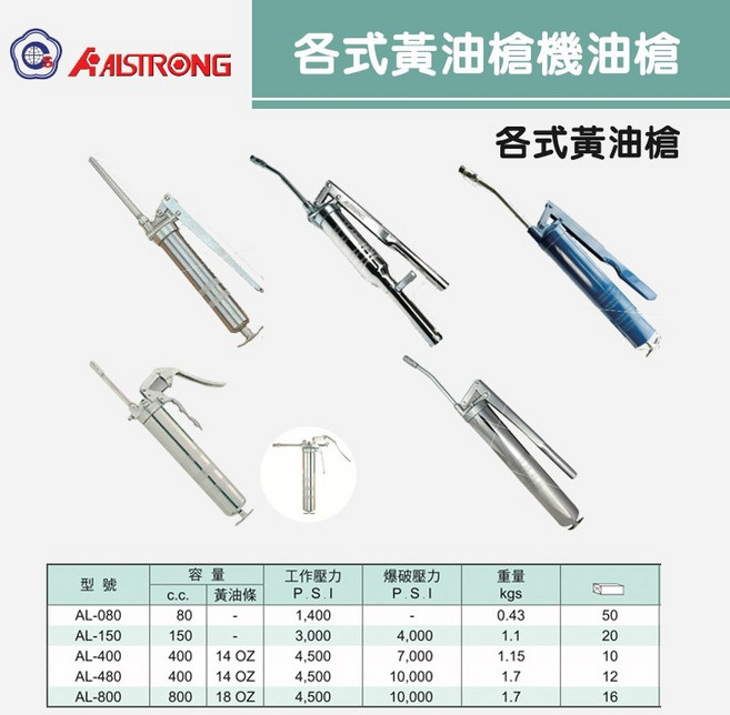 各式黃油槍機油槍AL-080/AL-150/AL-400/AL-480/AL-800/A501/A503/AL-420L，多種型號選擇，適用於各種機械設備潤滑, 1個, 各式黃油槍AL-800
