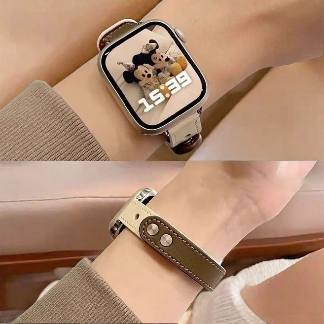 애플워치 스트랩 가죽 여자 아이폰 워치스트랩, 베이지-브라운, 1개