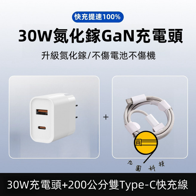 九圓科技 30W 氮化鎵 充電頭 升級氮化鎵 不傷電池不傷機 小冰塊 電源供應器 雙插頭 充電頭 充電器 充電頭 支援多種充電協議 快充線, 1個, 30W充電頭+200公分雙Typec線, 30W充電頭+200公分雙Typec線