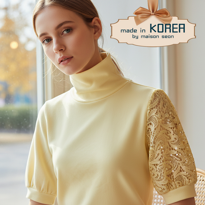 메종숀 여성 언발 레이스 반팔 터틀넥 탑