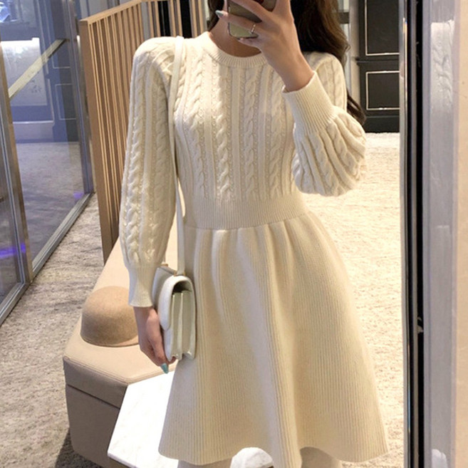 네모엔룩 여성용 메리미니 라운드넥 케이블짜임 슬림라인 골지 니트 미니 원피스 NL