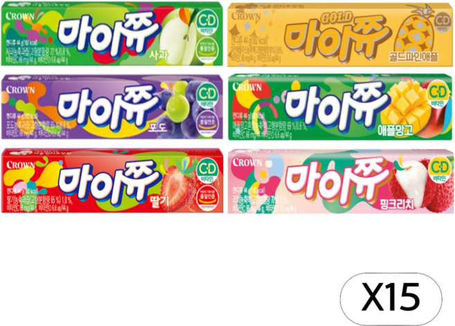 크라운 마이쮸 스틱 6종 각44gX15개씩 (포도 딸기 사과 핑크리치 애플망고 골드파인애플), 3.96kg, 1세트