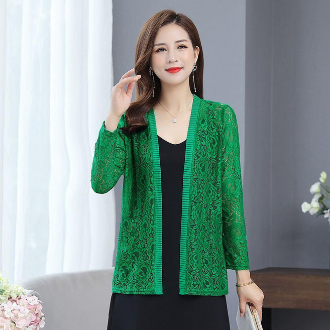 蕾絲開衫薄外套, 綠色,XL 40.0-50.0公斤, 綠色