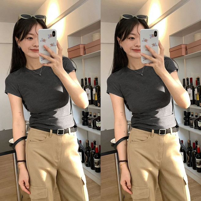 圓領短袖打底衫, 1個, 深灰+深灰【實惠兩件裝】2XL(140-160斤)