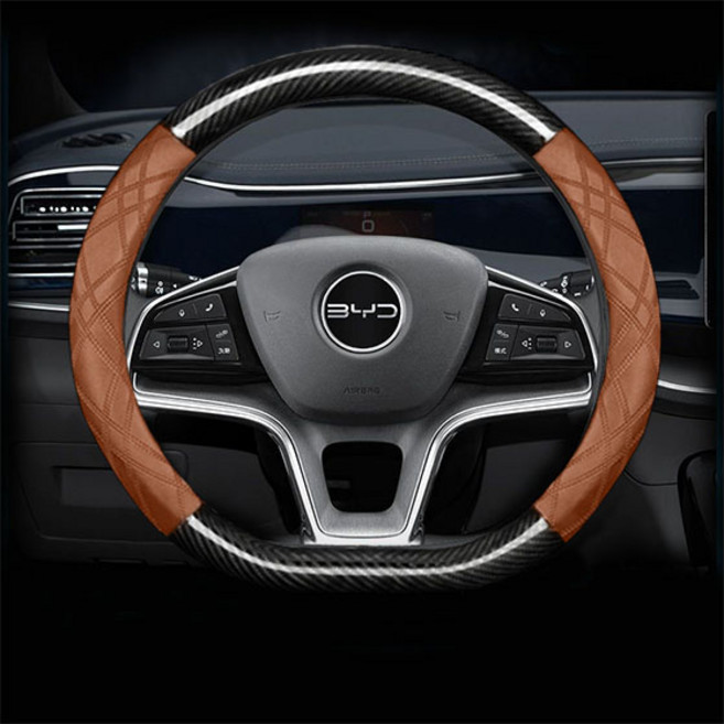 카에트 BYD 전차종 호환 다이아 퀼팅 나파가죽 카본 핸들커버, 코냑브라운(BYD-07)