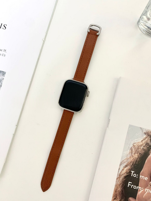 BuGeum 애플워치 스트랩 부드러운 가죽 밴드 직장인 시계줄 슬림 레더 11 10 9 8 7 6 5 3 2 4 se2/3 ultra2/3, 1개, 짙은 갈색