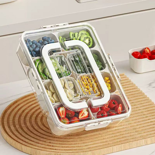 YAPOGI 야채 과일 신선도 유지 밀폐용기 손잡이 달린 냉장고 정리함 샐러드 케이스, 8칸 샐러드박스, 1개