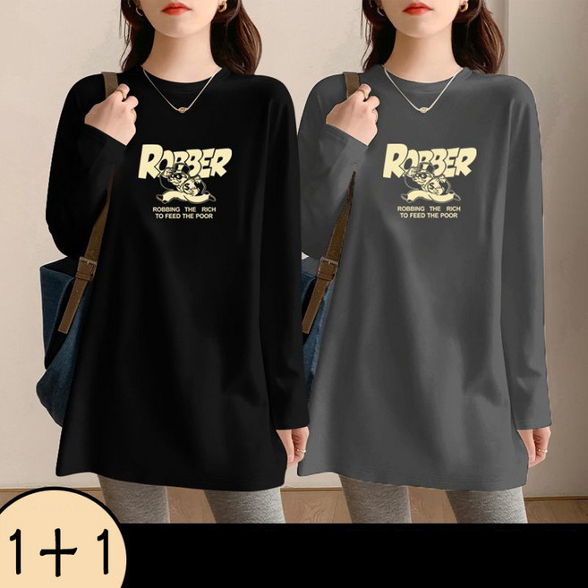 1+1 여성 긴팔 티셔츠 캐주얼 봄 가을 긴팔티 기질 여자 루즈핏 하프 상의 LPC