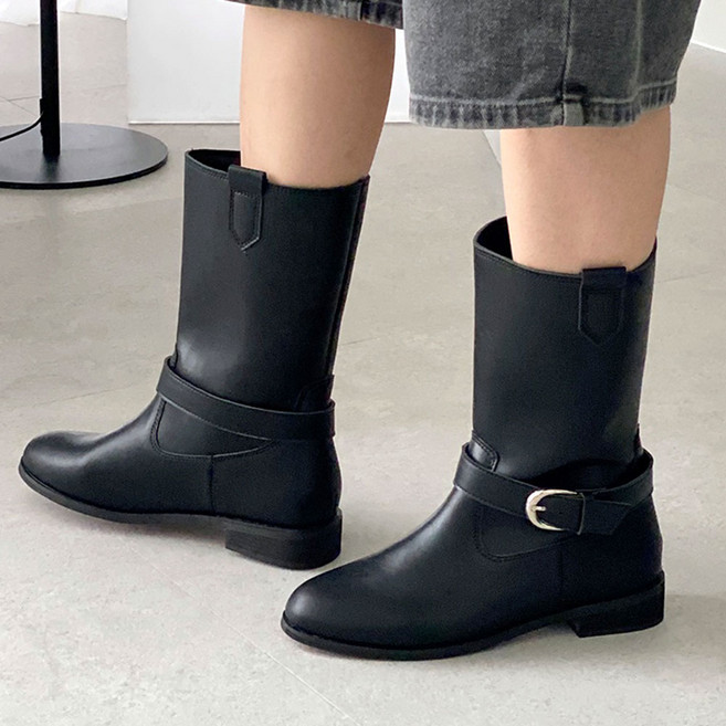 꼼지락 스웨이드 버클 바이커 웨스턴 하프 미들 부츠