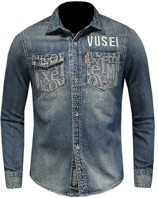 연청 남성 슬림핏 자수 청남방 인어공주 데님셔츠