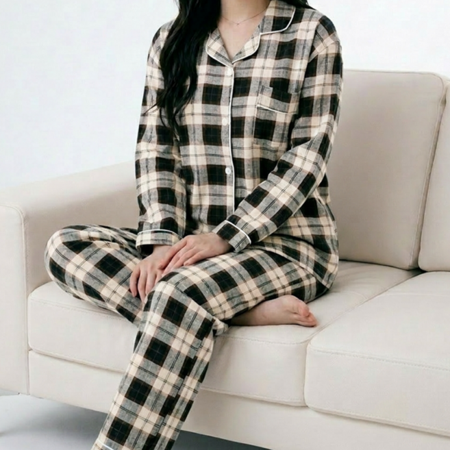 오우하하 여성잠옷 상하의 체크 파자마