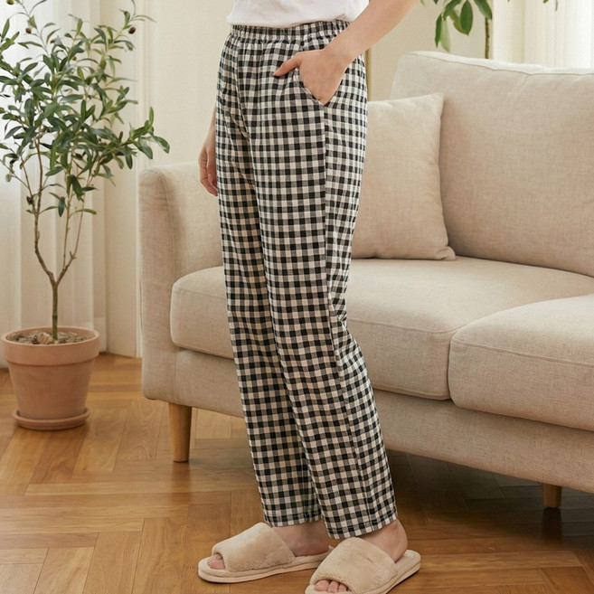 고슬고슬한 촉감 남성 여성 깅엄 체크 9부 주머니 파자마 잠옷 바지 P-1019