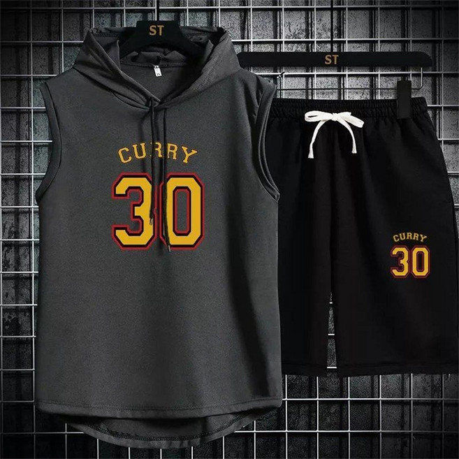 TKX 남성 여름 캐주얼 세트 무지 후드 나시 티셔츠 반바지 운동 스포츠 세트 프린트 패턴