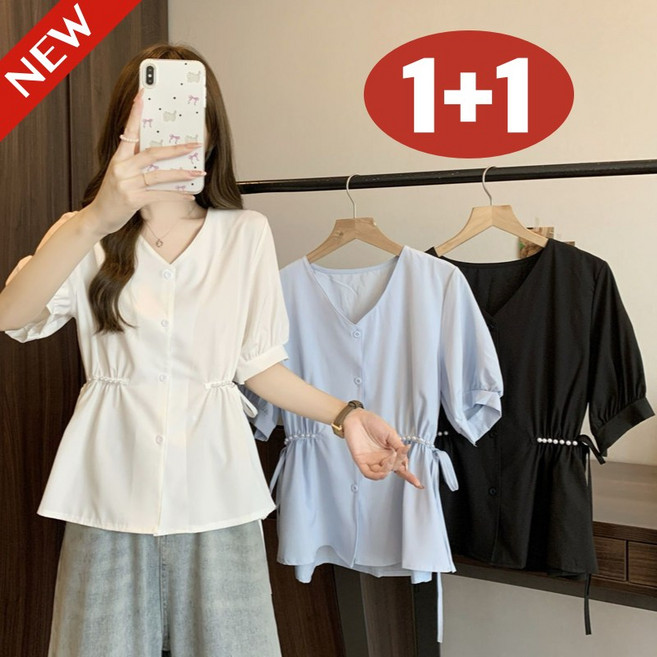 (신상 추천) 100kg까지 1+1 빅사이즈 여성 우아한 허리조임 플리츠 반팔 셔츠 블라우스 여름 편한 브이넥 시크 고급 스트랩 장식 디자인 큰옷 단아한 무지 이쁜곳 5부 남방