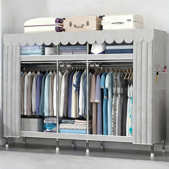 [시스슈] 조립식 3단 이동식 행거 시스템 강화 철제 프레임 | 대용량 하단 수납공간 & 먼지방지 커튼 장착간이옷장 합금 조립식옷장 비키니 옷장, 달빛 회색