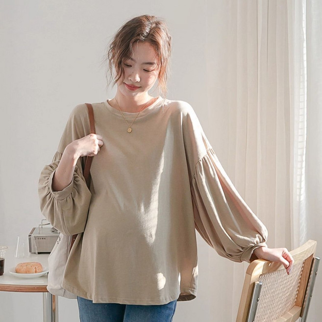 임산부 긴팔 티셔츠 봄 가을 임부복 루즈핏 맨투맨 캐주얼 라운드넥 벌룬 소매 블라우스 상의 YHY